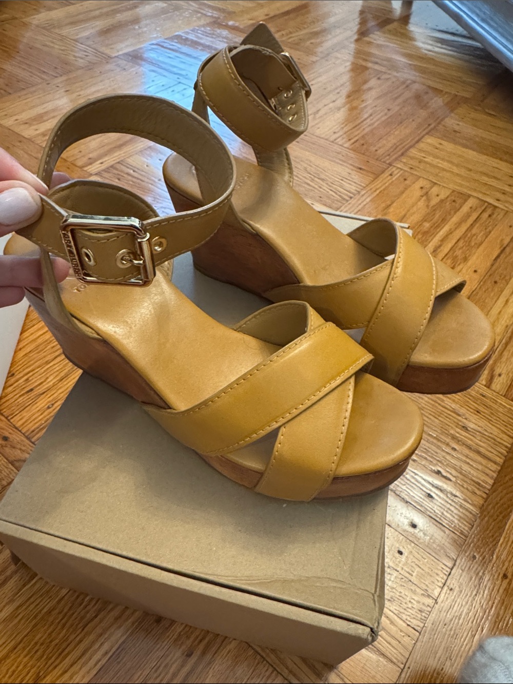 Womens tan Platform Wedge Sandals with Ankle Strap